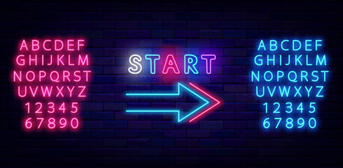 Start neon signboard. Game begining label. Arrow symbol. Shiny pink and blue alphabet. Vector illustration