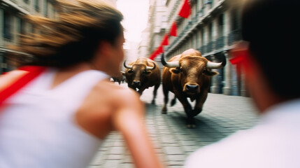 celebration of lockdowns of San Fermin. Couple running of the bulls at street fest Encierros of San Fermin in Pamplona, Spain. Generative ai
