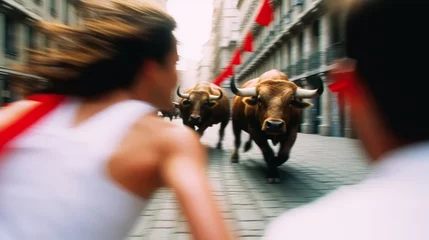 Foto op Plexiglas celebration of lockdowns of San Fermin. Couple running of the bulls at street fest Encierros of San Fermin in Pamplona, Spain. Generative ai © angellodeco