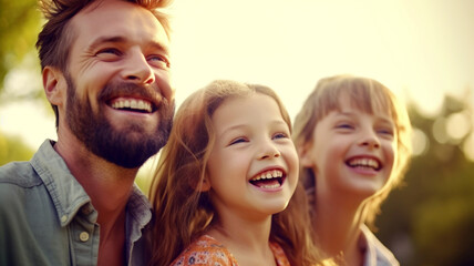 Fototapeta premium A portrait of a father with his daughters, happy family, parent time, banner, insurance concept