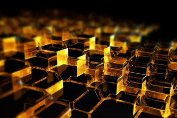 Obraz premium Gold and yellow geometric shapes, cubes.Transparent Cubes Background, yellow gold Glass Cube Pattern, Geometric 3d Crystals, Abstract