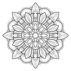 Decorative mandala with floral patterns and round shapes on a white isolated background. For coloring book pages.