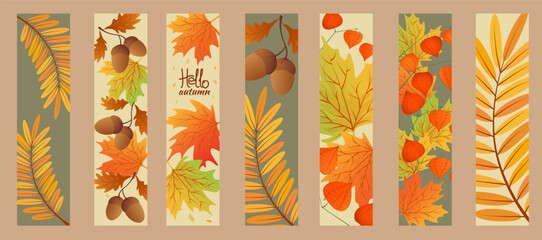 Autumn sale banner. Hello autumn. Set autumn bookmarks. Maple leaves, rowan leaves with branch of physalis, oak leaf,acorns. - obrazy, fototapety, plakaty