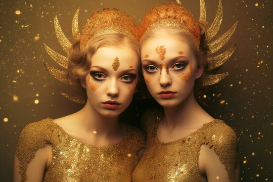 Zodiac sign of Gemini, two female twins on gold confetti background