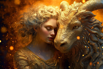 Zodiac sign of Capricorn, young woman and gold goat on sky background - obrazy, fototapety, plakaty