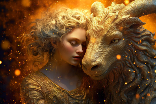Zodiac sign of Capricorn, young woman and gold goat on sky background