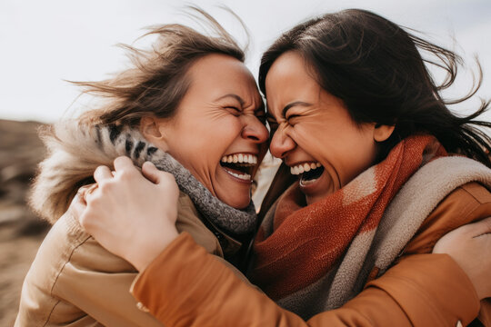 Two people sharing a genuine, candid moment of laughter, embracing the power of authentic connections. Generative AI