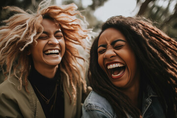 Fototapeta premium Two people sharing a genuine, candid moment of laughter, embracing the power of authentic connections. Generative AI