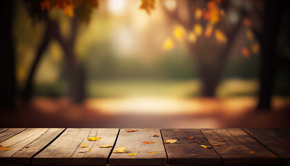 Empty wooden table with autumn theme in background