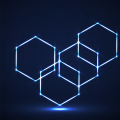 Abstract neon hexagons with glowing lines. Vector design element