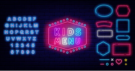 Kids menu neon emblem. Geometric frames collection. Shiny blue font. Vector stock illustration