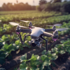 Fototapeta na wymiar Drone flying over a farm field of crops. AI technology monitoring crops. Advanced Artificial Intelligence that can monitor the health of crops and farmland, generative ai. 