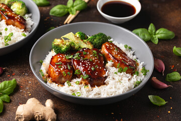 Teriyaki Pork Belly with broccoli, spring onion and rice