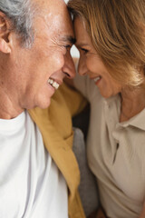Mature romance. Romantic loving senior spouses bonding at home, affectionate man and woman touching foreheads, closeup