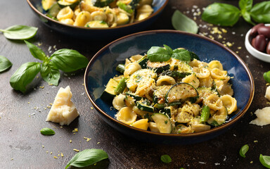 Lemon infused Orecchiette pasta with courgette or zucchini and asparagus