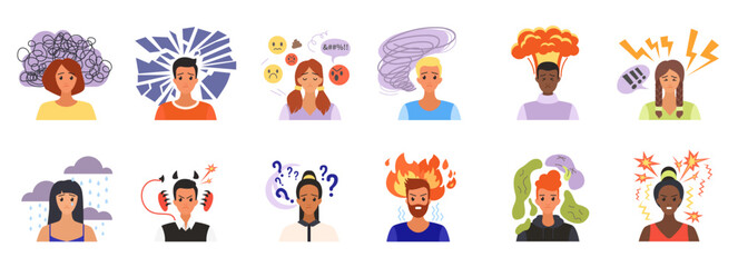 People with negative thinking and stress set vector illustration. Cartoon isolated unhappy man and woman with bad mood and weather over head, rain clouds and fire, sad emoji and confusion, questions