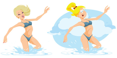 Girls on beach. Rest near sea. Illustration for internet and mobile website.