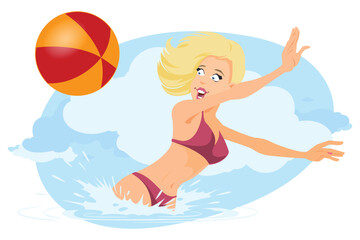 Girls on beach. Rest near sea. Illustration for internet and mobile website.