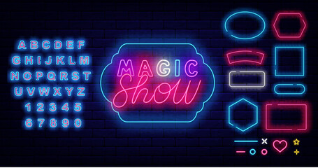 Magic show neon label. Colorful handwritten text. Shiny blue alphabet. Shiny phrase. Vector stock illustration