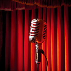Old fashioned microphone on stand with a red curtain in the background. Classic music concept from the golden era of singers and entertainment, generative ai. 