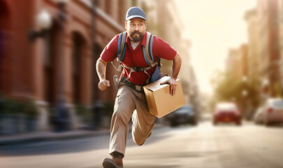 Picturing a running parcel delivery man, a postal concept, modern mail delivery - obrazy, fototapety, plakaty