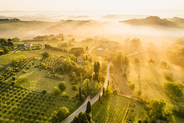 Aerial view of famous medieval San Gimignano hill. Province of Siena, Tuscany, Italy.  Amazing...