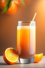 a jar of fresh orange juice with a straw next to a piece of orange on a table with orange background