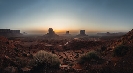 Panoramic view of Monument Valley USA Utah during Sunset and sunrise with famout view to the...