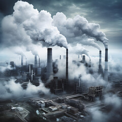 Smoke stacks emit smoke and pollutants into the sky, depicting climate change and environmental issues. The importance of addressing climate change and global warming. Generative AI.