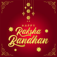 Happy Raksha Bandhan red background with decorative Rakhi with gold color.