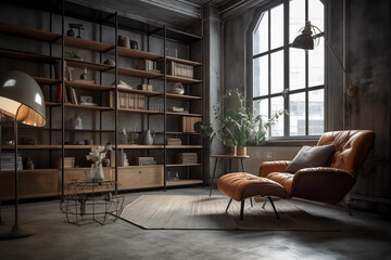 Jaw-Dropping Industrial Bookcase and Cozy Armchair Combo: Prepare to Be Amazed! Industrial, Interior