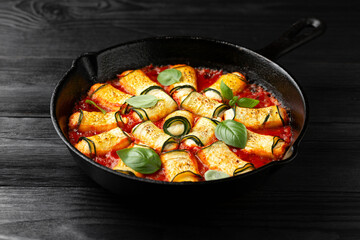 Baked zucchini rolls with ricotta, pecorino cheese in marinara sauce. Healthy food