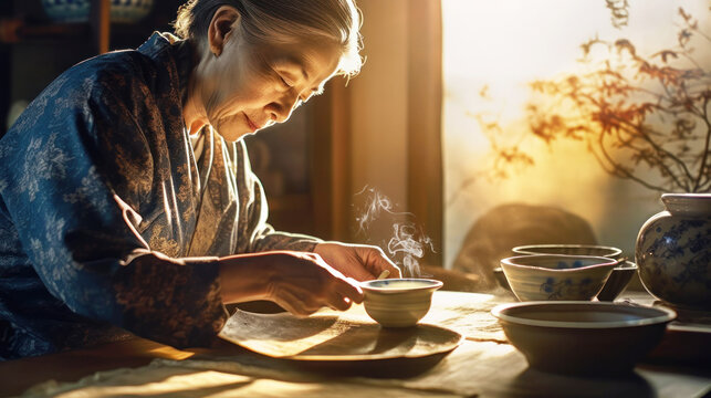 An old Japanese woman grandmother in a kimono prepares and serves tea in a traditional Japanese house in the rays of the dawn sun. tea ceremony concept