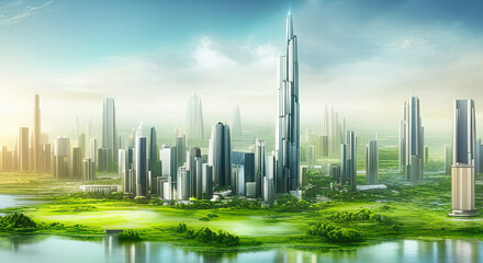 Futuristic city with tall buildings by the river with copy space digital art