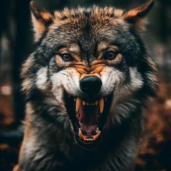 Foto op Plexiglas Snarling Wolf showing fangs prey, aggressive animal predator defending its territory, grey wolf pack leaders in the wild. Generative AI © PixelHD