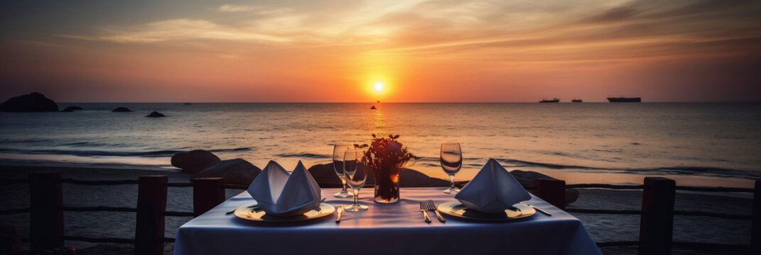 Outdoor restaurant at the beach, Table setting at tropical beach restaurant, beautiful sunset sky, sea view, Luxury hotel or resort restaurant, Generative AI