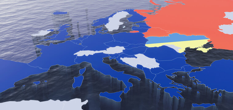 3D Rendered Map of Europe with NATO memeber countries in blue, non-NATO in grey, Ukraine in blue and yellow and Russia and Belarus in red colors