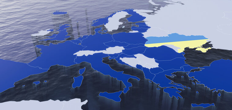 3D Rendered Map of Europe with NATO members in blue and non-NATO members in grey. Ukraine in yellow and blue colors. Russia - Ukraine conflict