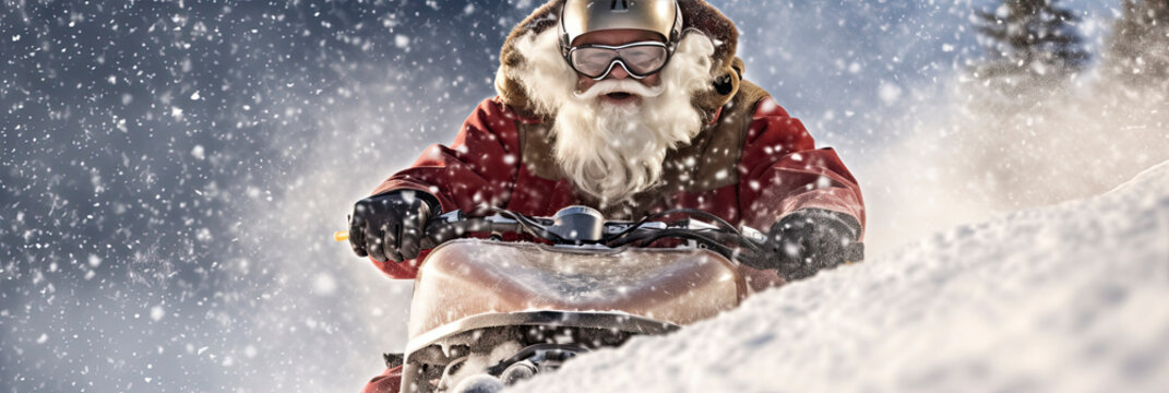Action shot of Santa Claus on a snow mobile delivering packages in the snow with copy space created with Generative AI technology
