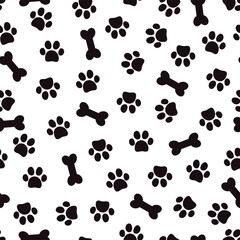 Fototapeta na wymiar Animal paw footprint seamless pattern. Dog paw print and bone on white background. It can be used for wallpapers, wrapping, cards, patterns for clothes and other.