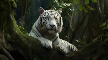 A white tiger sitting in the woods