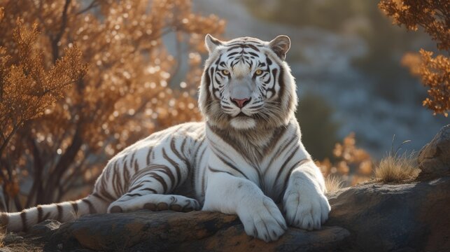 A white tiger sitting in the woods