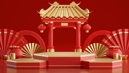 3d rendering illustration of podium round stage podium and paper art chinese new year, chinese festivals, mid autumn festival , red and gold ,flower and asian elements  on background..