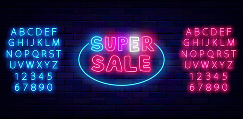 Super Sale neon emblem. Special offer. Shiny banner. Glowing pink and blue alphabet. Vector stock illustration