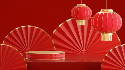 3d rendering illustration of podium round stage podium and paper art chinese new year, chinese festivals, mid autumn festival , red and gold ,flower and asian elements  on background..