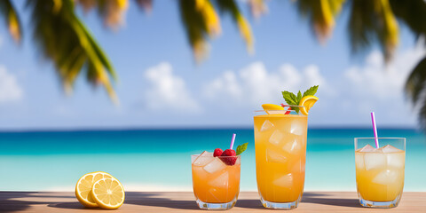 Obraz premium Cocktails on a tropical beach with palm trees and turquoise water. Summer vacation concept. Teasty cocktail. Beautyful background. Generative AI technology.