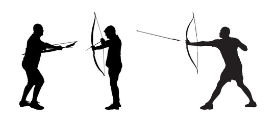 Archer silhouettes set isolated on white background. Man archer bending bow and aiming in target. Sportsman holds the bow and arrow. Men shooting arch. Stock vector illustration