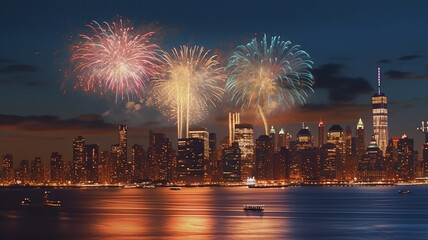 new york city manhattan july 4th independence day fireworks show with skyline over hudson river, Generative AI. - obrazy, fototapety, plakaty