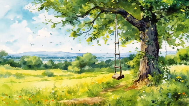 Bright landscape view in a summer meadow with tree and rope swing. hand painted watercolor illustration drawing, Generative AI.