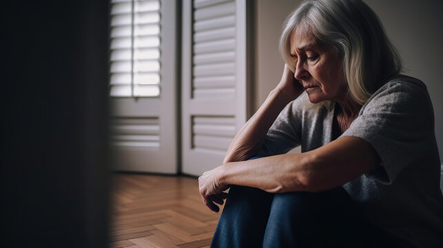 Depressed senior woman sitting on floor at home. Copy space